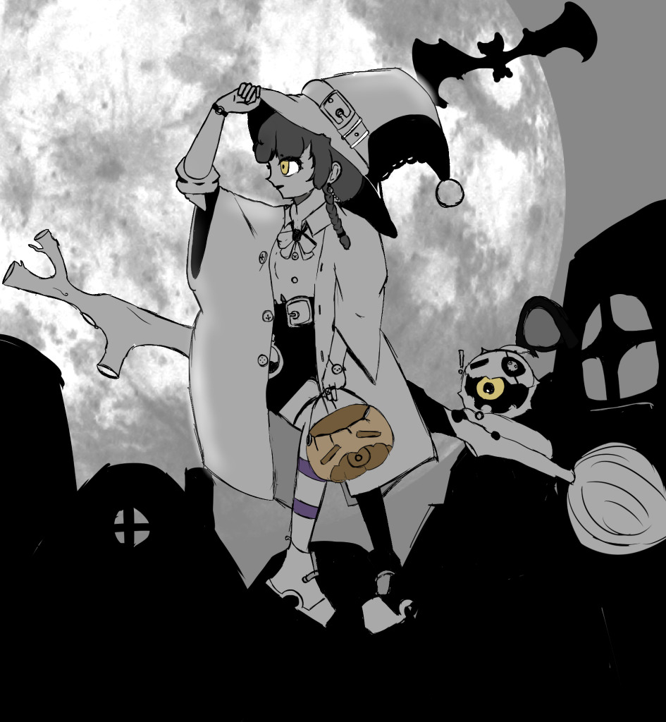 illustration of Shiori Novella riding a flying broom with novelite tagging along behind her by Zen