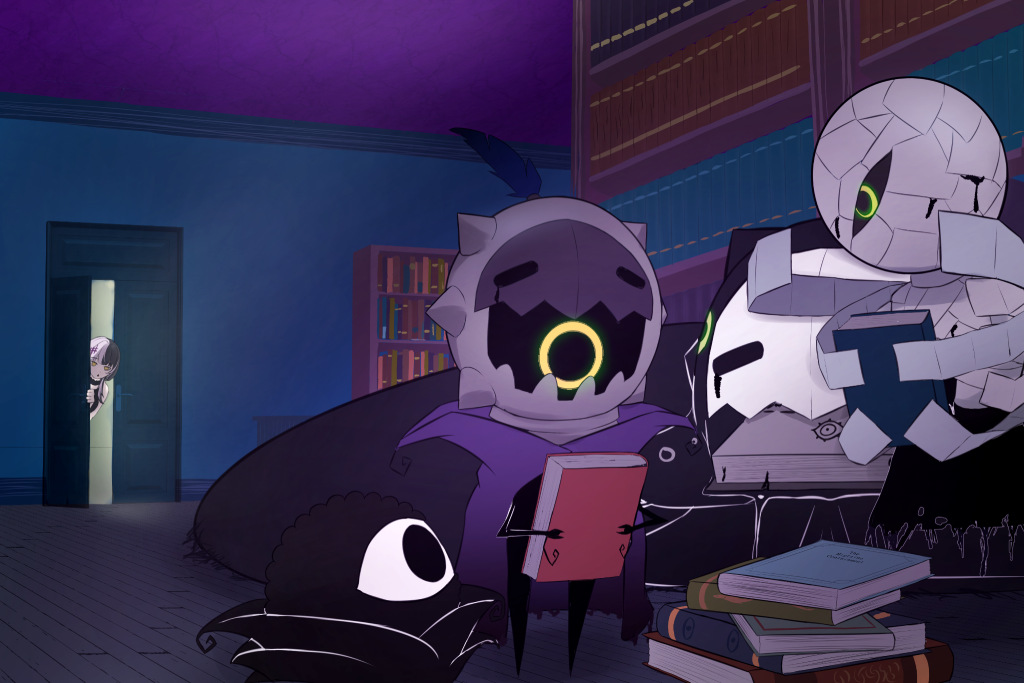 an illustration of novelites checking out books with Shiori peeking from the door