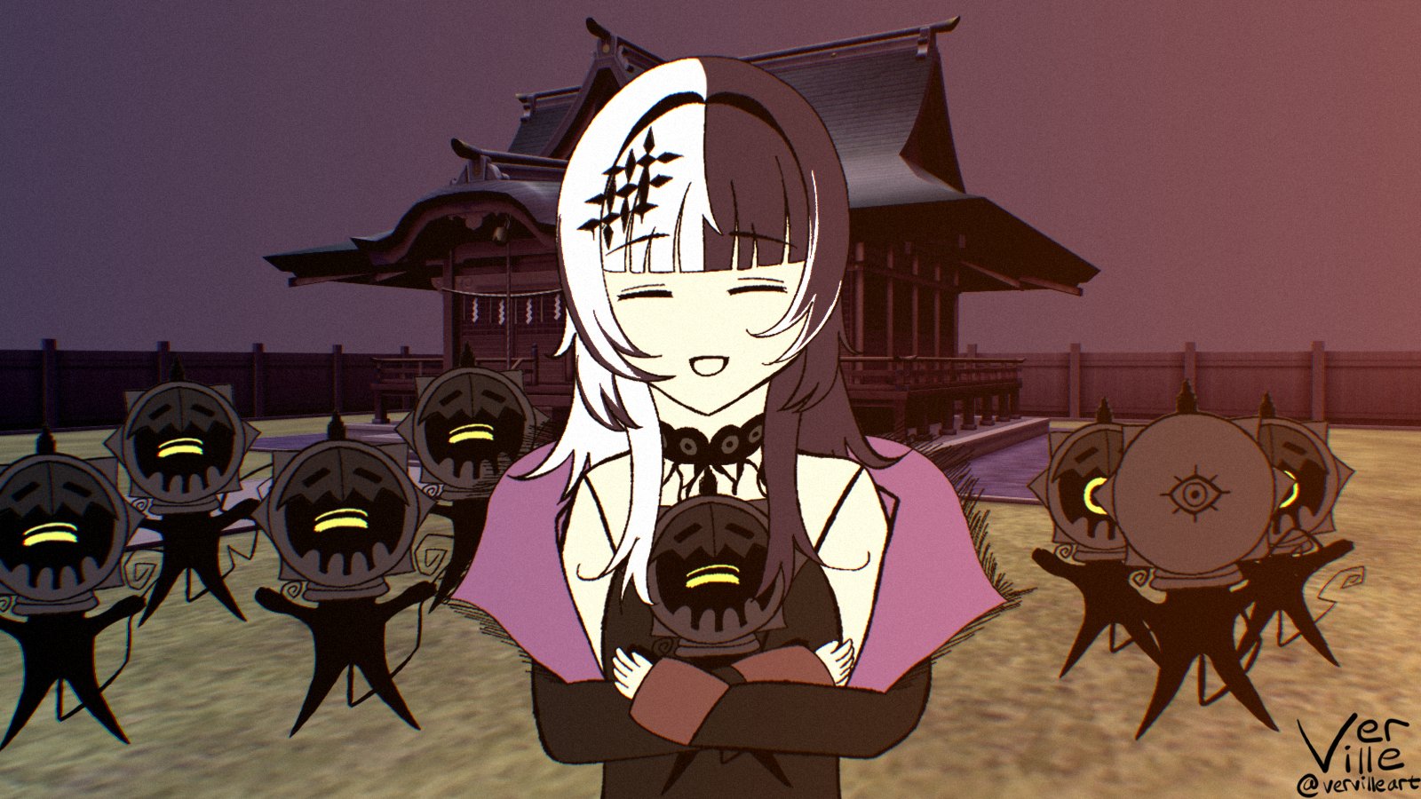 an illustration of Shiori and novelites in front of a temple